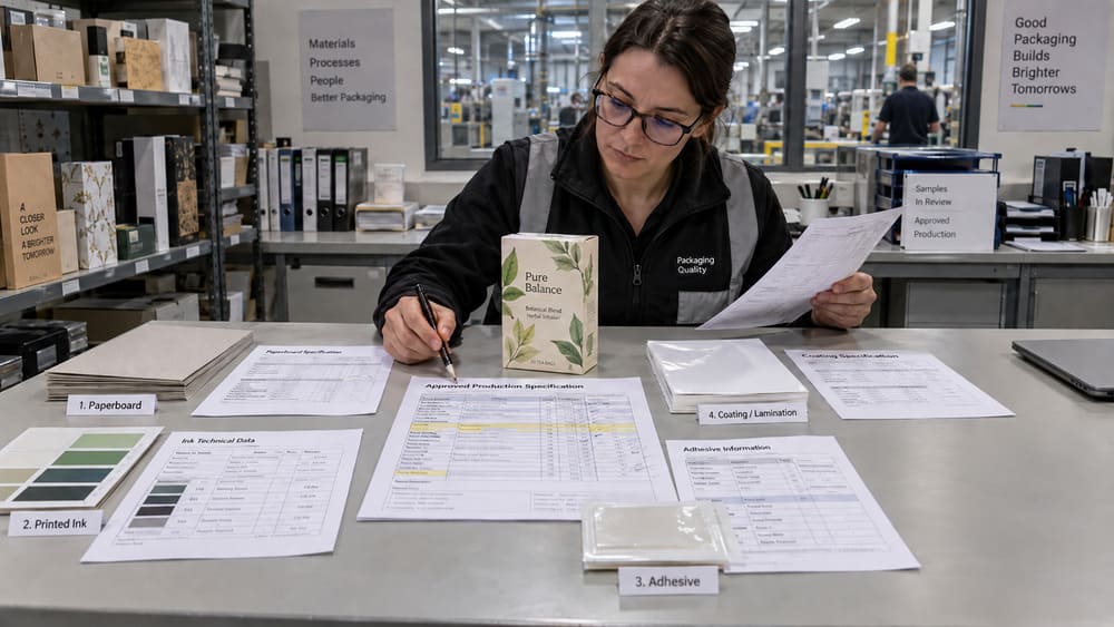 Paper packaging compliance review matching paperboard, ink, adhesive and coating evidence to the approved production specification.