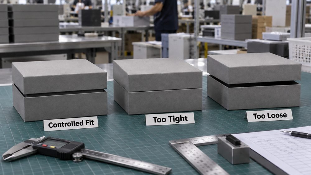 Rigid lid and base box fit comparison showing controlled, tight and loose opening conditions.