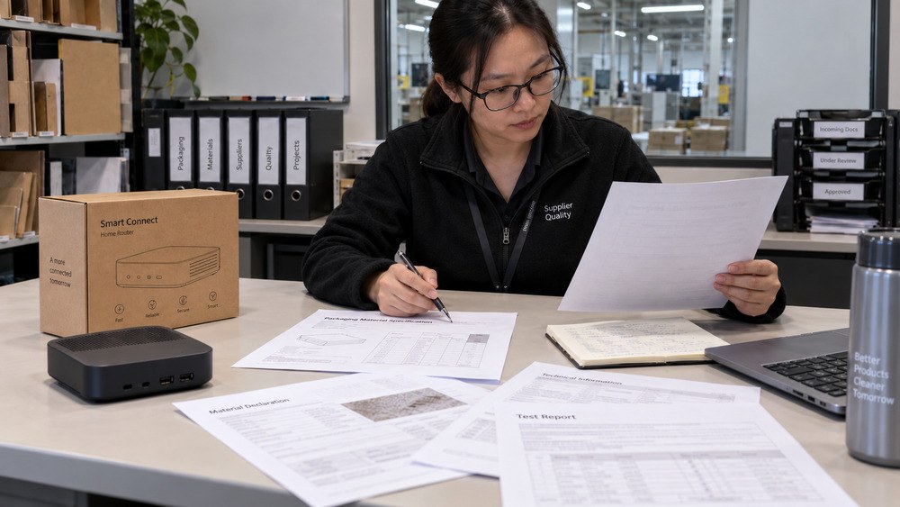 Buyer reviewing a customer RoHS requirement separately from the material approval documents for paper packaging used with an electronic product.