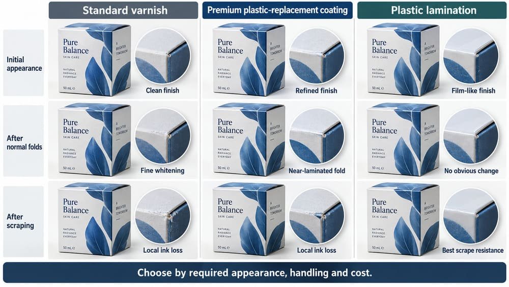Comparison of standard varnish, premium plastic-replacement coating and plastic lamination showing subtle fold whitening and scratch-performance differences