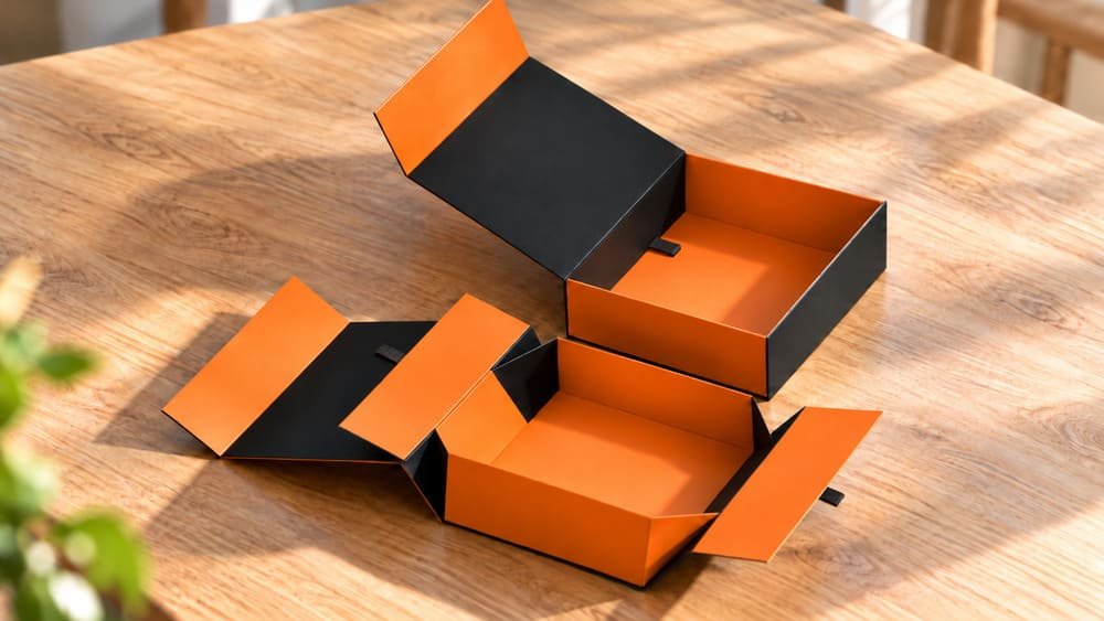 Klong 7-piece collapsible rigid box assembly showing two reinforcement panels folding inward to secure the inner box.
