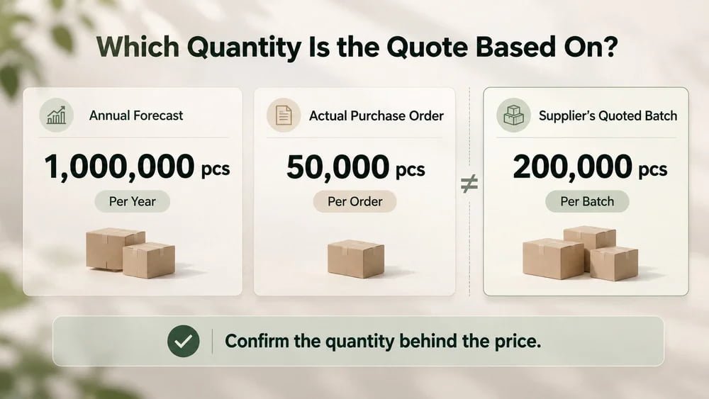 Packaging quotation comparison showing annual demand of one million boxes, actual purchase orders of 50000 boxes and a supplier quoted batch of 200000 boxes