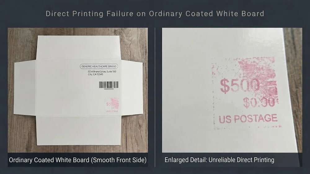 Real coated white board sample showing direct-printing failure and rubbed-off printing
