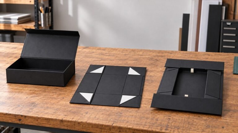 Traditional rigid box compared with 5-piece and 7-piece collapsible rigid box structures in assembled and flat-packed configurations.