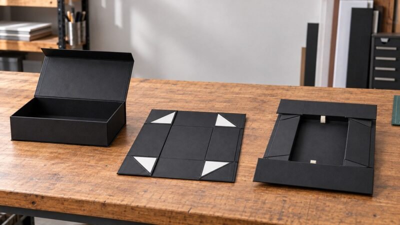 Traditional rigid box compared with 5-piece and 7-piece collapsible rigid box structures in assembled and flat-packed configurations.