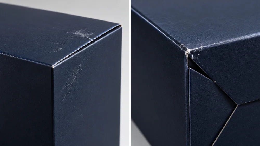 Close-up illustration of surface scuffing and fold-line cracking risks on dark printed paperboard packaging