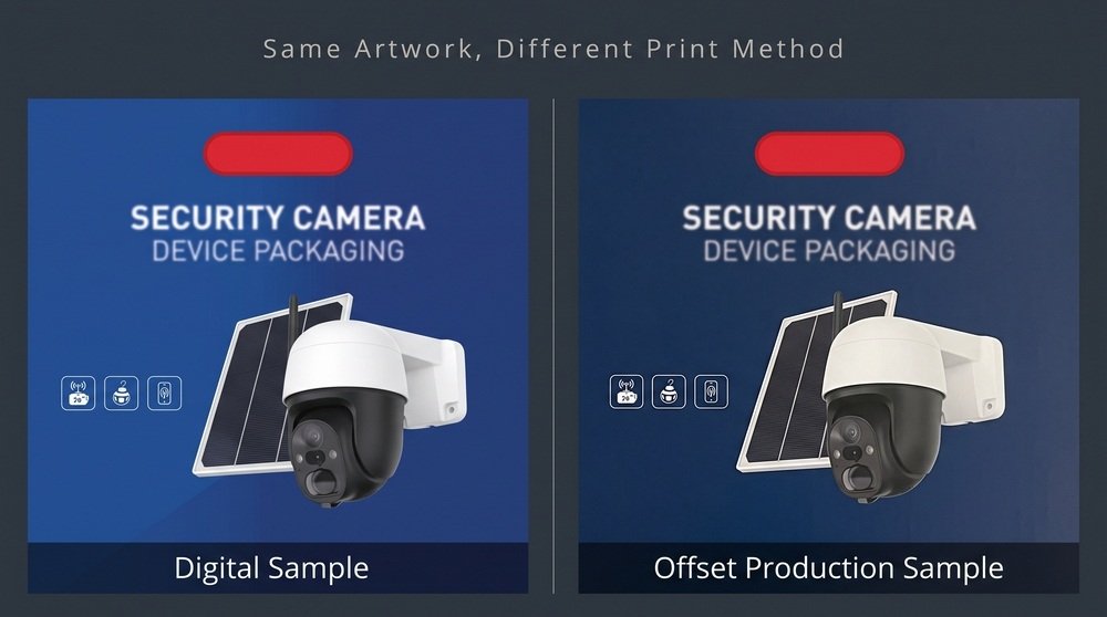 Real comparison between a digitally printed packaging sample and an offset production sample