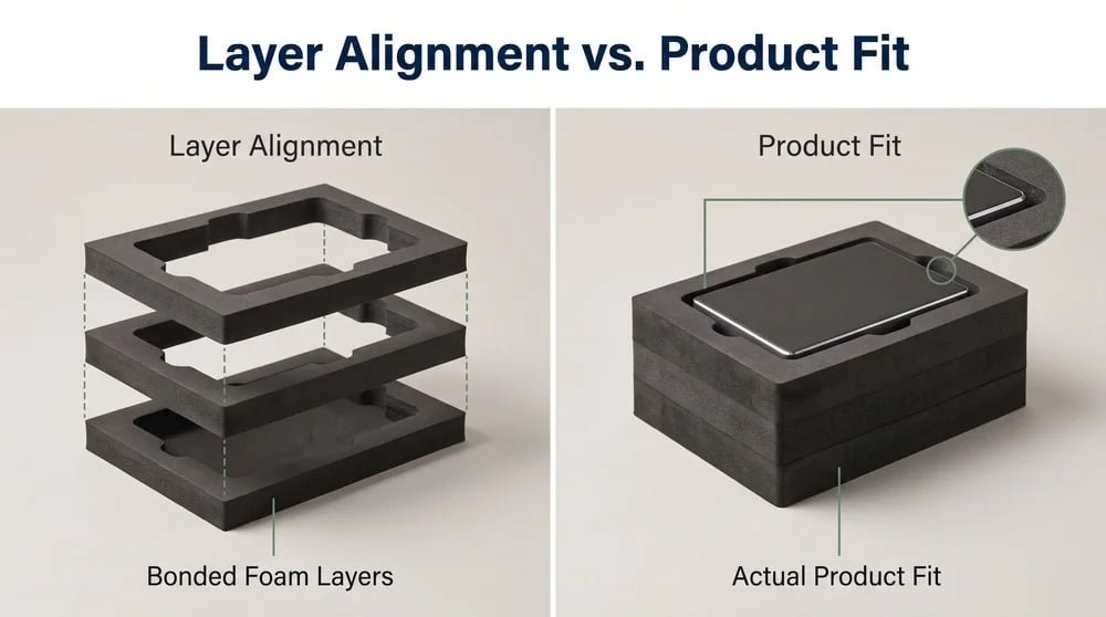 Comparison of bonded foam layer alignment and the fit of an actual product inside a multilayer protective foam insert