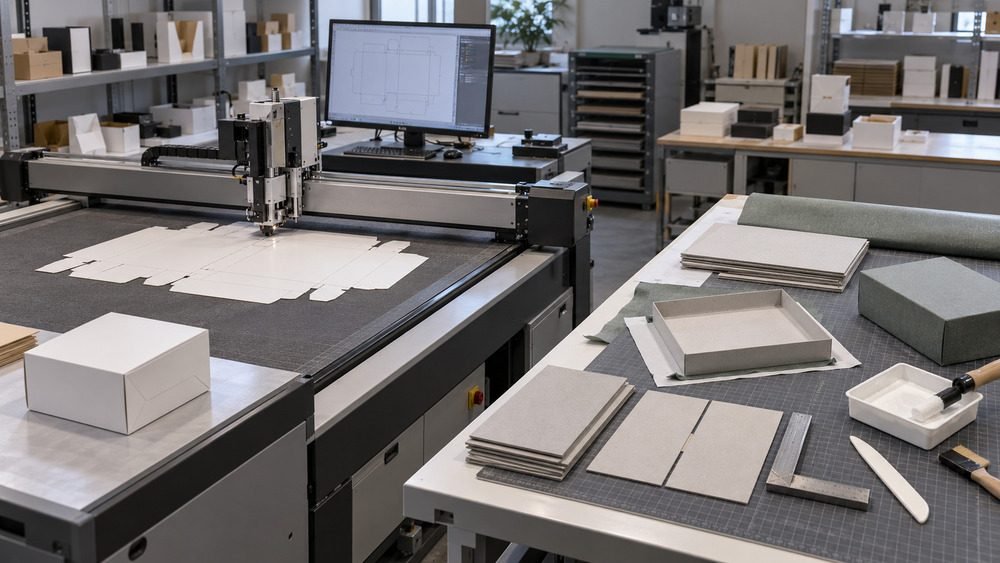 Folding carton CAD sample cutting and rigid box manual sample construction compared during packaging development.