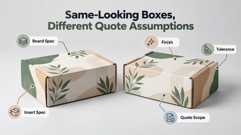 Two similar-looking printed packaging boxes highlighting material specifications, inserts, finishes, tolerances and quotation scope.