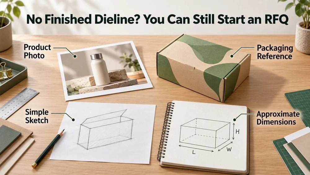 Packaging RFQ preparation materials including a product photo, packaging reference, box sketch and preliminary dimensions