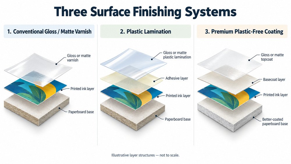 Illustrative comparison of conventional varnish, plastic lamination and premium plastic-free coating on printed paperboard