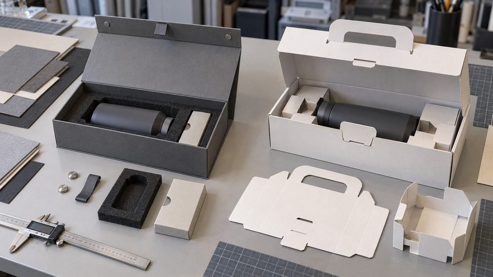 Packaging closure comparison showing mixed-material accessories versus paper handle and locking-tab structural alternatives.