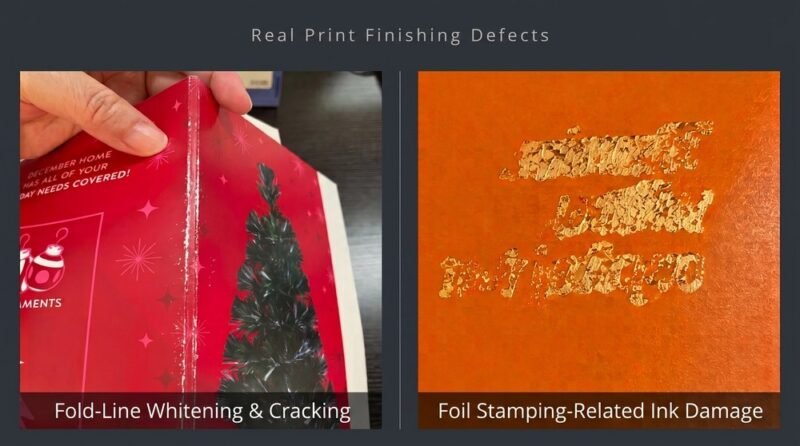 Real packaging print finishing defects including fold-line whitening and foil-stamping related ink damage