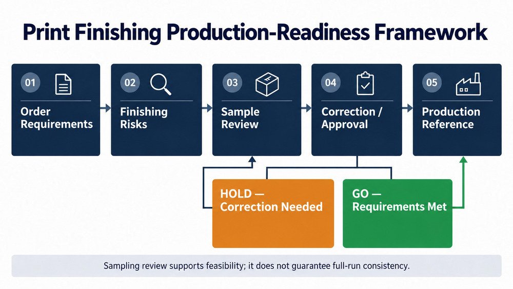 Five-step print finishing production readiness framework showing risk checks, sample review and customer reapproval decisions