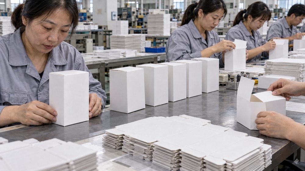 Folding carton sample and mass-production boxes showing differences in squareness and vertical alignment during manual forming.
