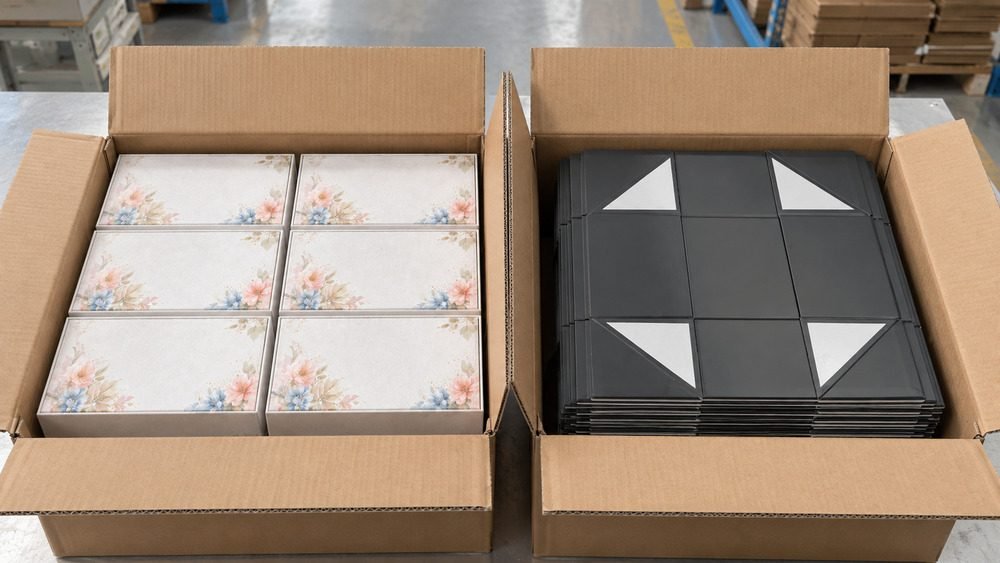 Traditional rigid boxes packed fully formed beside flat-packed collapsible rigid boxes in shipping cartons.