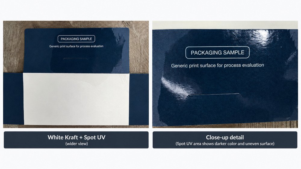 Real white kraft packaging sample showing partial Spot UV on a blue printed surface